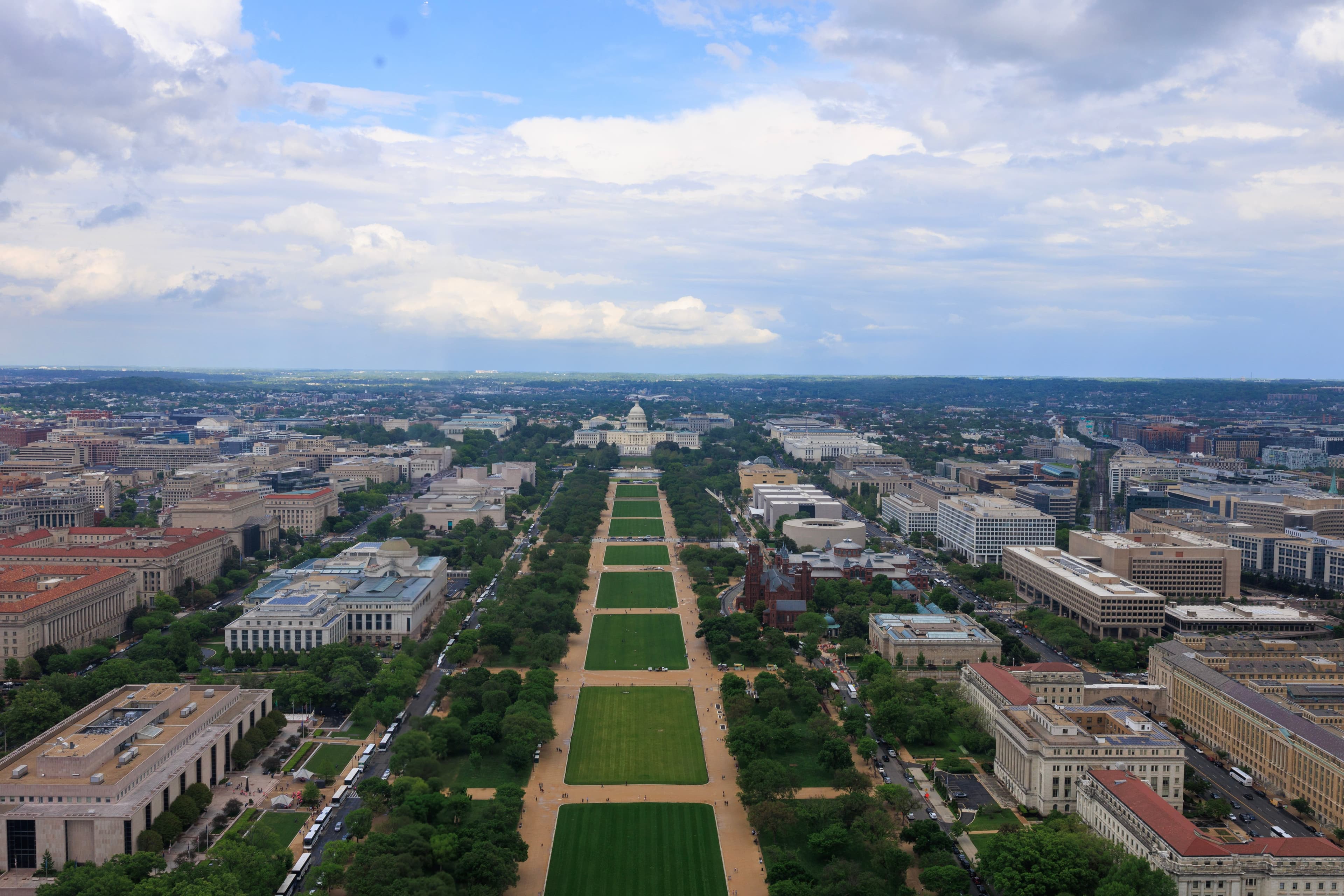 Shot of the National Mall leading up to Capitol Hill from the top of The Washington Monument.